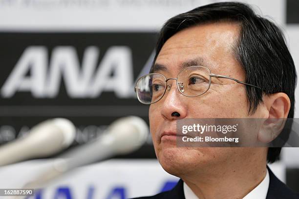 Osamu Shinobe, incoming president and chief executive officer of All Nippon Airways Co. , attends a news conference at the company's headquarters in...