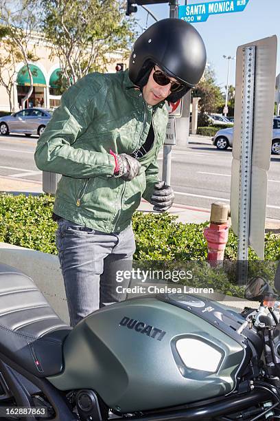 Actor Adrien Brody is seen riding the Ducati Monster Diesel on February 28, 2013 in Los Angeles, California.