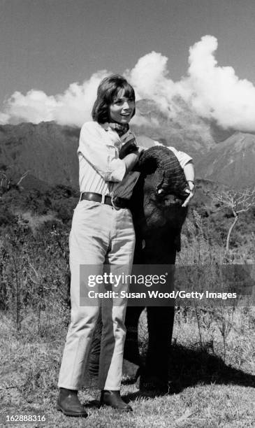 Portrait of Italian actress Elsa Martinelli and a baby elephant during the filming of 'Hatari!' , Tanzania, 1962.