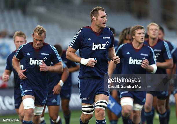 Ali Williams of the Blues leads the team off the field after warming up before the round 3 Super Rugby match between the Blues and the Crusaders at...