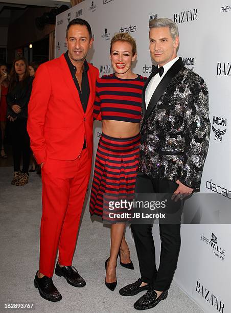 Christos Garkinos, Cat Deeley and Cameron Silver attend the Dukes Of Melrose launch hosted by Decades and Harper's BAZAAR at The Terrace at Sunset...