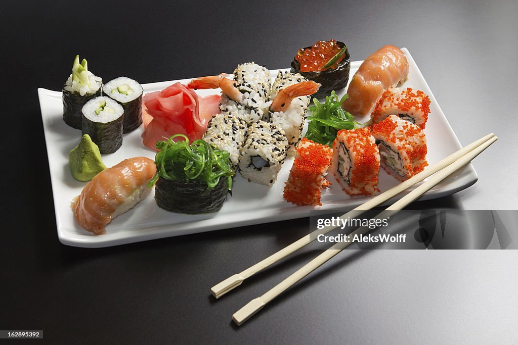 Japanese  seafood  sushi , rolls and chopstick