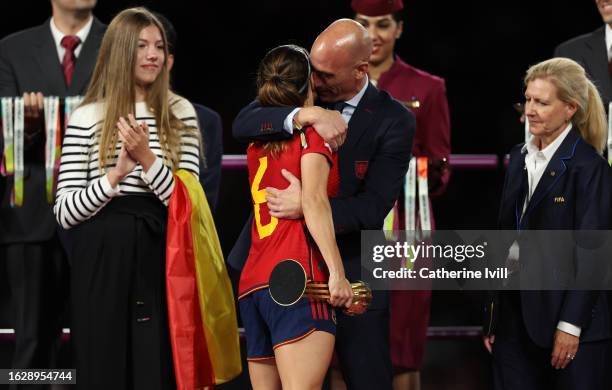 Luis Rubiales, President of the Royal Spanish Federation greets Aitana Bonmati of Spain after the FIFA Women's World Cup Australia & New Zealand 2023...