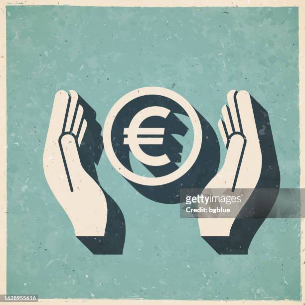 euro coin between hands. icon in retro vintage style - old textured paper - sentriesvintage stock illustrations