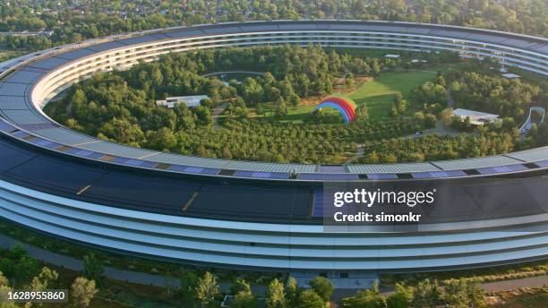 view of apple headquarters - silicon valley aerial stock pictures, royalty-free photos & images