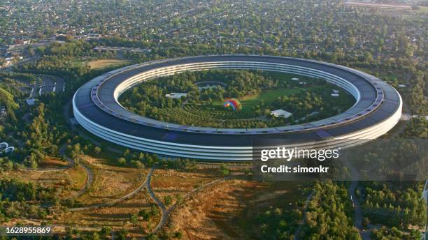 view of apple headquarters - silicon valley aerial stock pictures, royalty-free photos & images