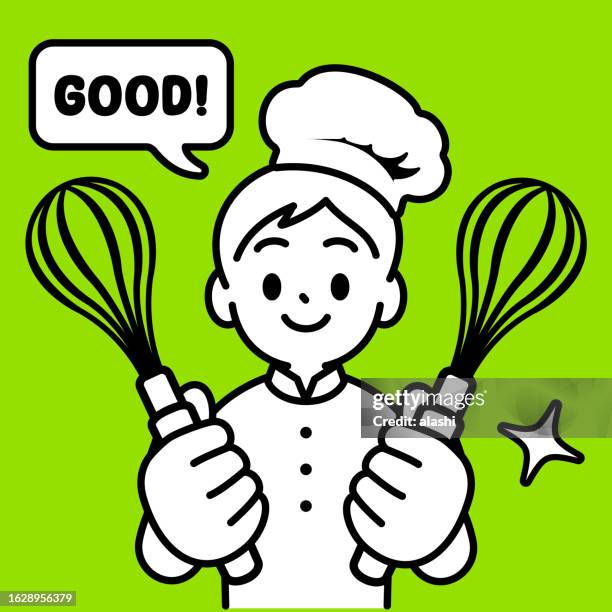 a chef boy holding whisks or egg beaters, looking at the viewer, minimalist style, black and white outline - breakfast with view stock illustrations