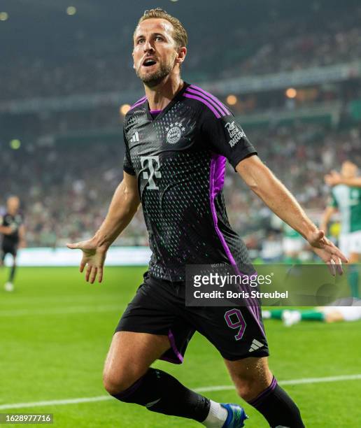 Harry Kane of FC Bayern Muenchen celebrates after scoring his team's second goal during the Bundesliga match between SV Werder Bremen and FC Bayern...