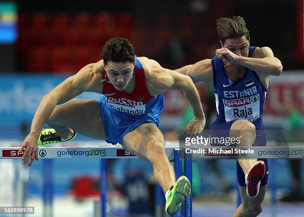 Konstantin Shabanov of Russia competes in the Men's 60m Hurdles heats during day one of the European Athletics Indoor Championships at Scandinavium...