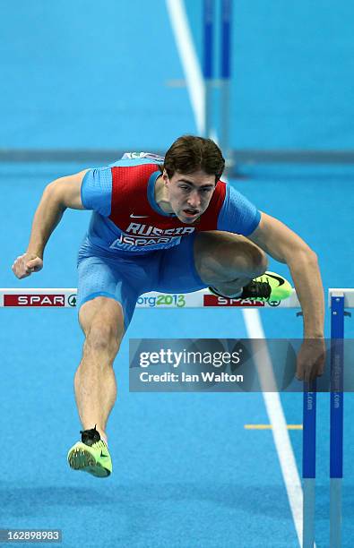 Konstantin Shabanov of Russia competes in the Men's 60m Hurdles heats during day one of the European Athletics Indoor Championships at Scandinavium...