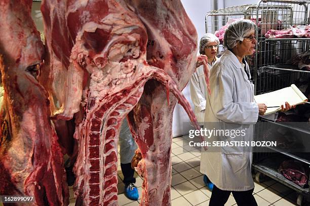 Employees of the DDCSPP conduct a verification of the origine of the meat in a supermarket in Besançon, eastern France, on March 1, 2013. An...