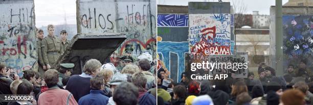 Combo shows a file photo taken on November 11, 1989 of West Berliners crowding in front of the Berlin Wall as East German border guards demolish a...