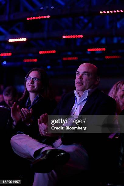 Mike Lynch, former chief executive officer of Autonomy Corp., right, applauds during the London Web Summit in London, U.K., on Friday, March 1, 2013....