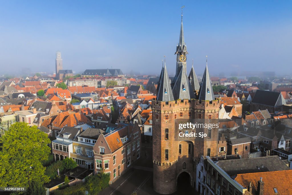 Sassenpoort old gate in Zwolle during summer sunrise