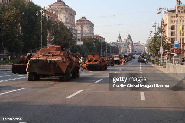 Destroyed Russian military equipment is exhibited on Khreshchatyk Street in preparation for Independence Day on August 21, 2023 in Kyiv, Ukraine. On...