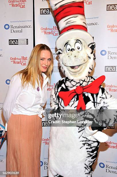 Uma Thurman Joins Cat In The Hat On NEA's Read Across America Day at New York Public Library on March 1, 2013 in New York City.