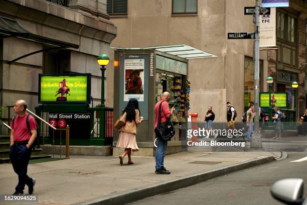 The Wall Street subway station near the New York Stock Exchange in New York, US, on Monday, Aug. 28, 2023. Stocks advanced, while bond...