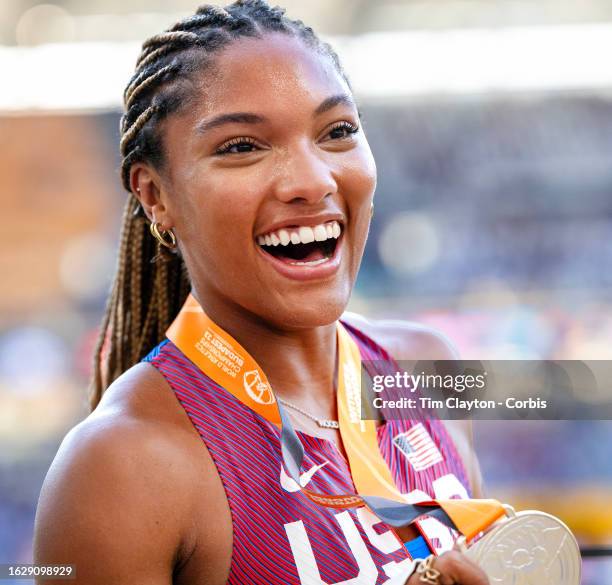 August 20: Tara Davis-Woodhall of the United States celebrates her silver medal win in the Women's Long Jump Final during the World Athletics...