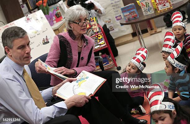 Education Secretary Arne Duncan and HHS Secretary Kathleen Sebelius read the Dr. Seuss book "Green Eggs and Ham" to students enrolled in a Head Start...