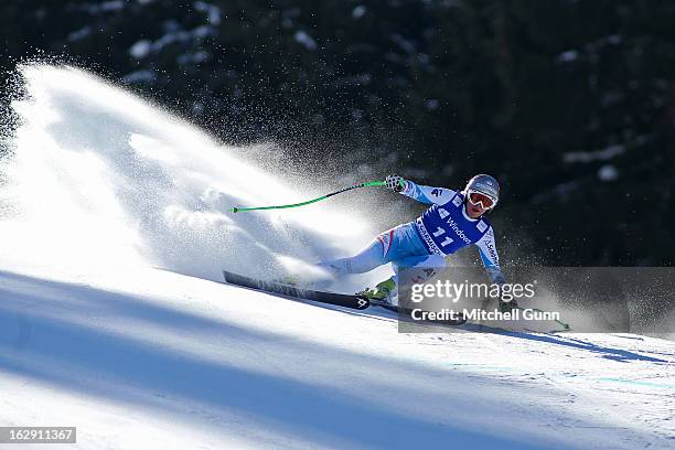 Andrea Fischbacher of Austria races down the course competing in the Audi FIS Ski World Cup Women's Super-G on March 01, 2013 in Garmisch...