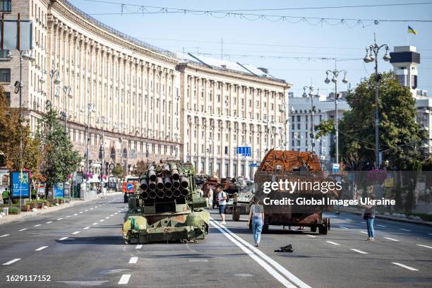 Destroyed Russian military equipment is exhibited on Khreshchatyk Street in preparation for Independence Day on August 21, 2023 in Kyiv, Ukraine. On...