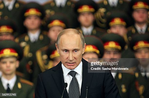 Russian President Vladimir Putin meets with the 6th Company Paratrooper Regiment on March 1, 2013 in Pskov, Russia. President Putin visited a...