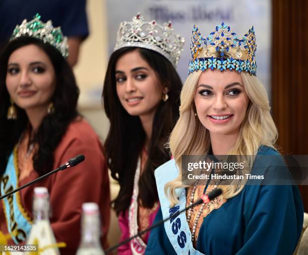 Miss World Karolina Bielawska attends a press conference with other beauty queens, including Miss World India Sini Shetty and Miss World America...