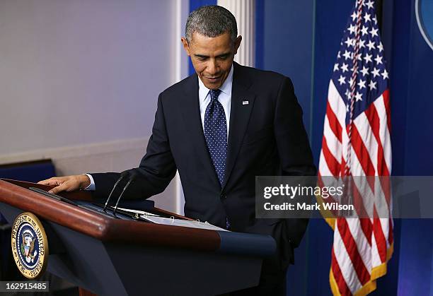 President Barack Obama speaks to the media after meeting with House Speaker John Boehner at the White House, March 1, 2013 in Washington, DC....