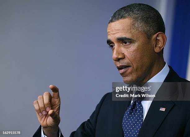 President Barack Obama speaks to the media after meeting with Congressional leaders at the White House, March 1, 2013 in Washington, DC. President...