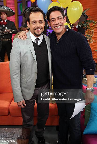 Rodrigo Vidal and Johnny Lozada celebrate Univision's Tlnovelas cable network first anniversary on Despierta America at Univision Headquarters on...