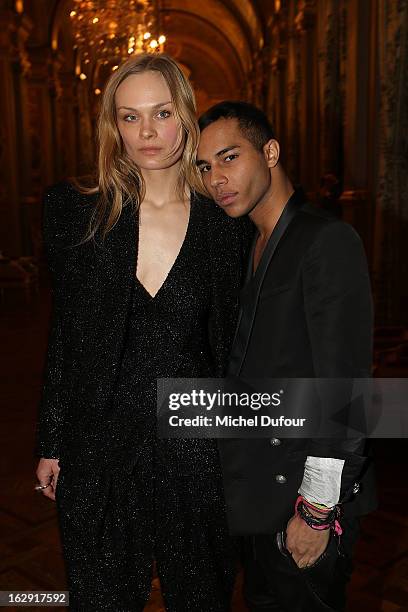 Olivier Rousteing and model attend Swarovski 'Paris Haute Couture' Exhibition as part of Paris Fashion Week on February 28, 2013 in Paris, France.