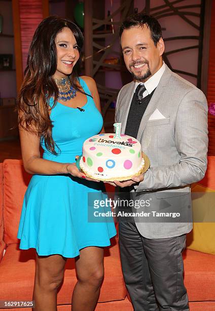 Lorena Rojas and Rodrigo Vidal celebrate Univision's Tlnovelas cable network first anniversary on Despierta America at Univision Headquarters on...