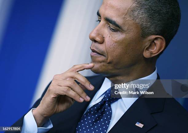 President Barack Obama speaks to the media after meeting with Congressional leaders at the White House, March 1, 2013 in Washington, DC. President...