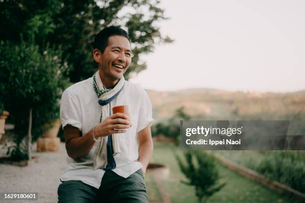 man enjoying view of tuscany, italy - coffee italy stock pictures, royalty-free photos & images