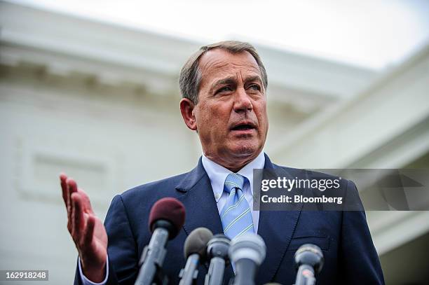 House Speaker John Boehner, a Republican from Ohio, speaks to the media outside the West Wing of the White House following a meeting with President...