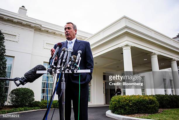 House Speaker John Boehner, a Republican from Ohio, speaks to the media outside the West Wing of the White House following a meeting with President...