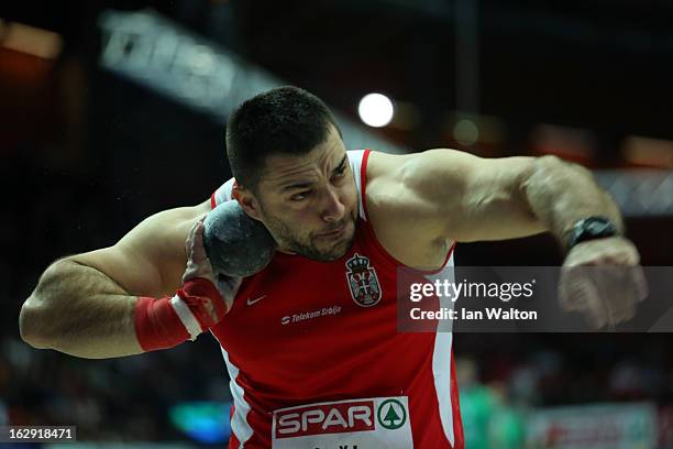 Asmir Kolasinac of Serbia competes in the Men's Shot Put Finalduring day one of the European Athletics Indoor Championships at Scandinavium on March...