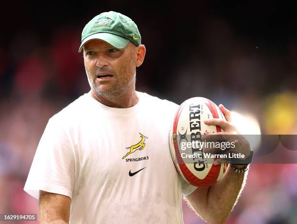 Jacques Nienaber , Head Coach of South Africa looks on ahead of the Summer International match between Wales and South Africa at Principality Stadium...