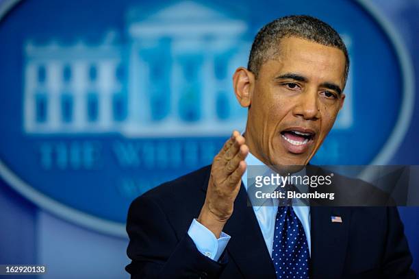 President Barack Obama speaks to the media in the Brady Press Briefing Room at the White House in Washington, D.C., U.S., on Friday, March 1, 2013....