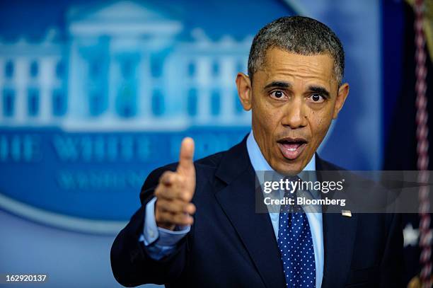 President Barack Obama speaks to the media in the Brady Press Briefing Room at the White House in Washington, D.C., U.S., on Friday, March 1, 2013....