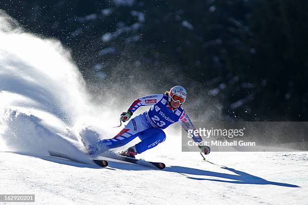 Marion Rolland of France races down the course competing in the Audi FIS Ski World Cup Super-G race on March 01, 2013 in Garmisch Partenkirchen,...