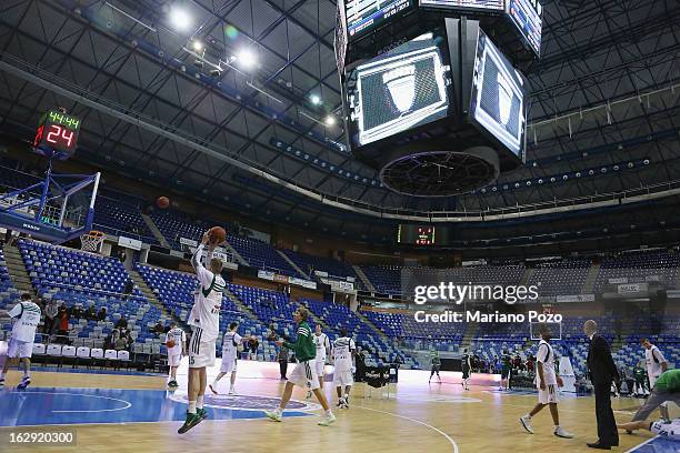 Players warm-up before the 2012-2013 Turkish Airlines Euroleague Top 16 Date 9 between Unicaja Malaga v Zalgiris Kaunas at Palacio Deportes Martin...