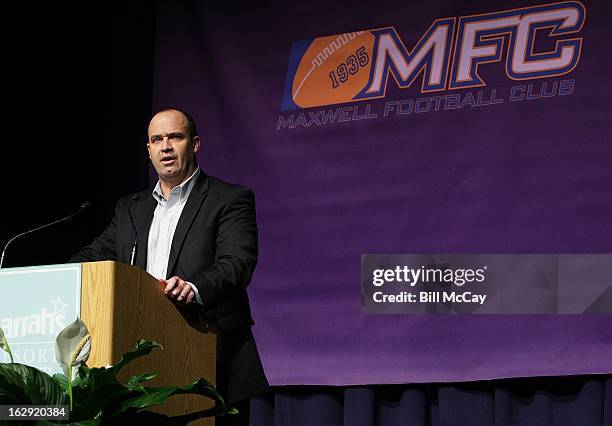 Winner of the MFC Collegiate Coach of the Year Bill O'Brien from Penn State attends the Maxwell Football Club Awards Dinner Press Conference on March...