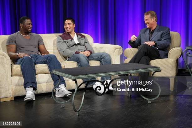 Ricky Watters, Manti Te'o and Lou Tilley attend the Stars of Maxwell Football Club Discussion Table on March 1, 2013 in Atlantic City, New Jersey.