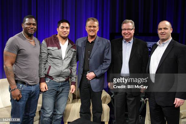 Ricky Watters, Manti Te'o, Lou Tilley, Ron Jaworski and Bill O'Brien attend the Stars of Maxwell Football Club Discussion Table on March 1, 2013 in...