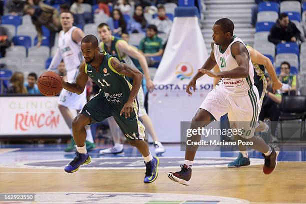 Earl Calloway, #11 of Unicaja Malaga in action during the 2012-2013 Turkish Airlines Euroleague Top 16 Date 9 between Unicaja Malaga v Zalgiris...