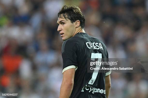 Federico Chiesa of Juventus looks on during the Serie A TIM match between Udinese Calcio and Juventus at Dacia Arena on August 20, 2023 in Udine,...