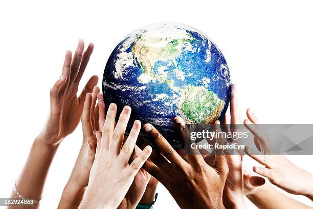 many hands reach up for planet earth - hemisphere stock pictures, royalty-free photos & images