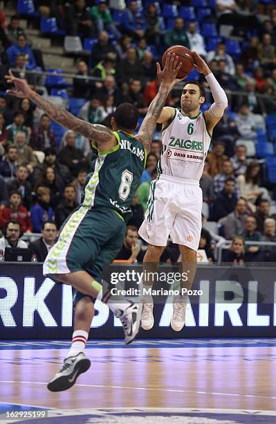 Marko Popovic, #6 of Zalgiris Kaunas in action during the 2012-2013 Turkish Airlines Euroleague Top 16 Date 9 between Unicaja Malaga v Zalgiris...