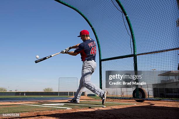 Cleveland Indians Cord Phelps at bat during spring training workouts at Goodyear Ballpark. Glendale, AZ 2/21/2013 CREDIT: Brad Mangin
